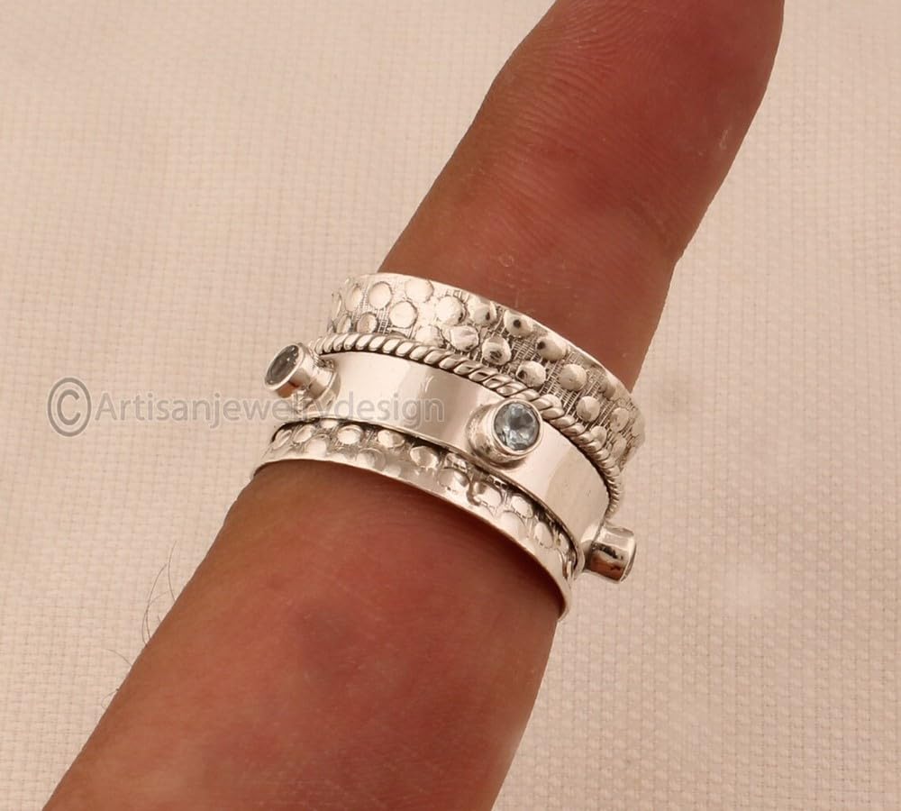 Blue Topaz Silver Ring, 925 Silver Ring, Handmade Silver Ring, Statement Silver Ring, Topaz Stone Ring, Fidget Spinner Ring, Ethnic Silver Ring,