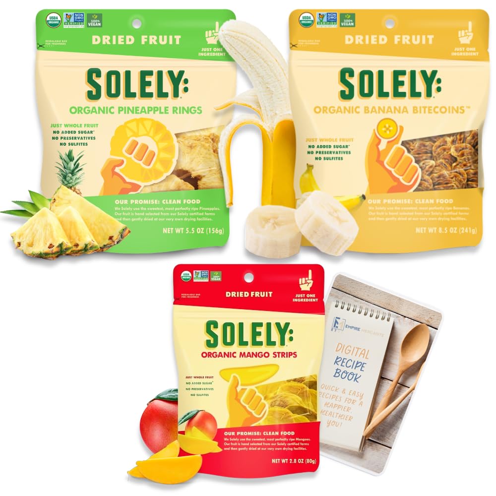 Paquete de 3 unidades de 3 unidades de frutas secas únicamente secas  1 de cada sabor (anillos de piña exclusivamente orgánicos de 5.5 onzas,