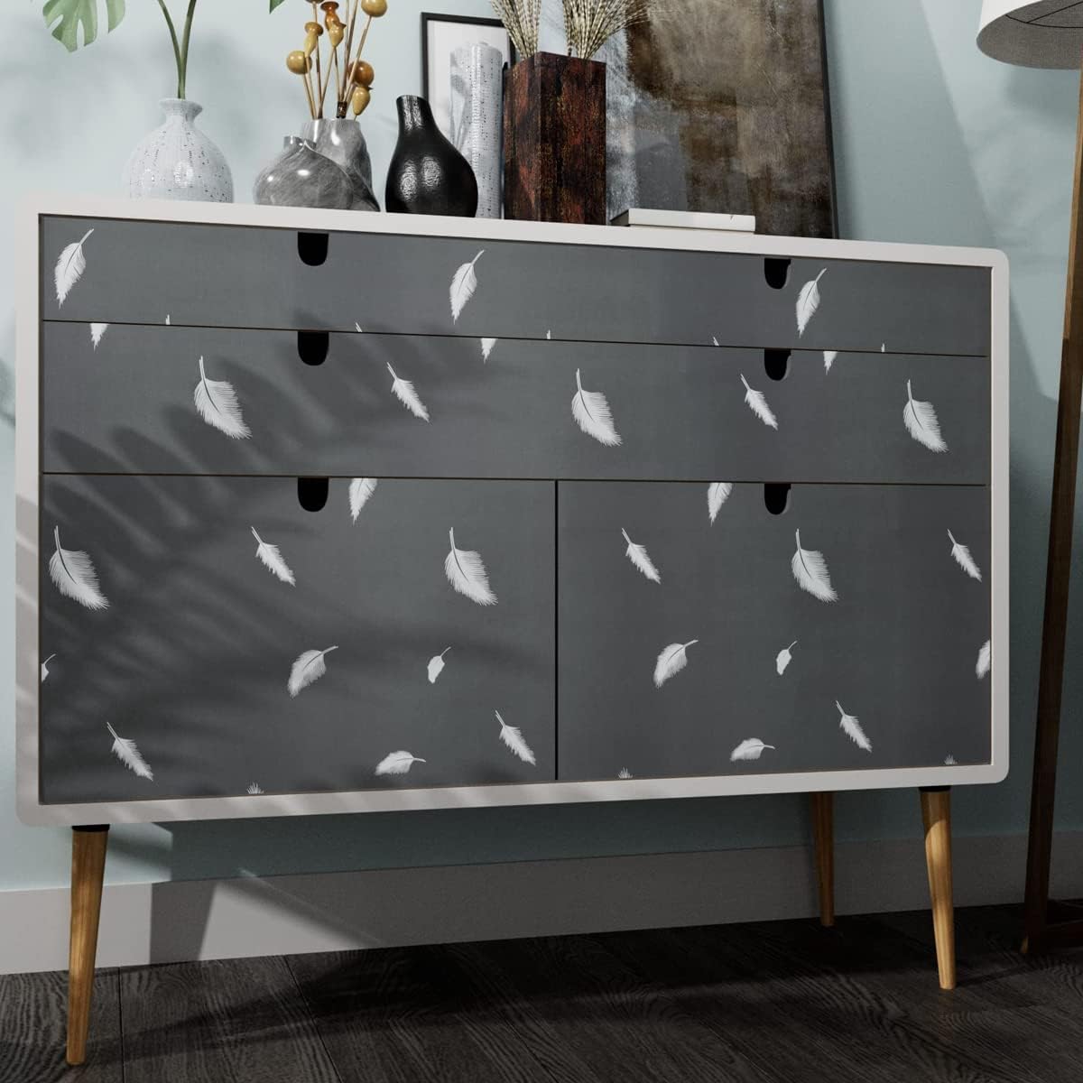 Yifasy Revestimiento de estante de papel autoadhesivo de plumas blancas para cajón, decoración de pared de PVC gris, calcomanía para muebles del