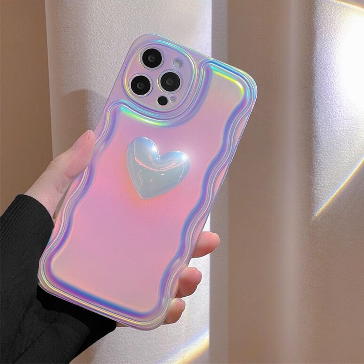 Changjia Funda para iPhone 14 Pro Max para mujer, bonita funda holográfica 3D con diseño de corazón y corazón, brillante, marco de onda de luz a