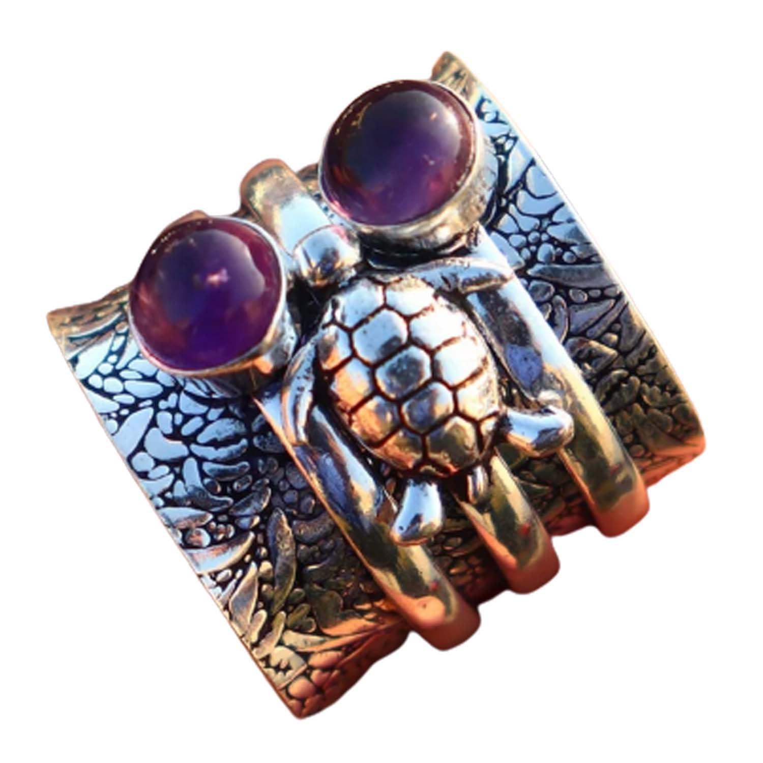 Purple Amethyst Double Round Gemstone Turtle Unique Design Spinner Ring, Solid 925 Sterling Silver Thumb Ring Wide Band Ring, Handmade Beautiful