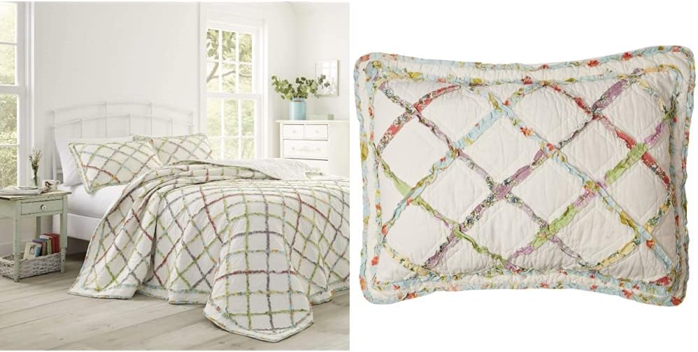 Laura Ashley Home Ruffle Garden Collection, colcha reversible y elegante, tamaño King, crema y hogar, funda estándar, ropa de cama de algodón suave