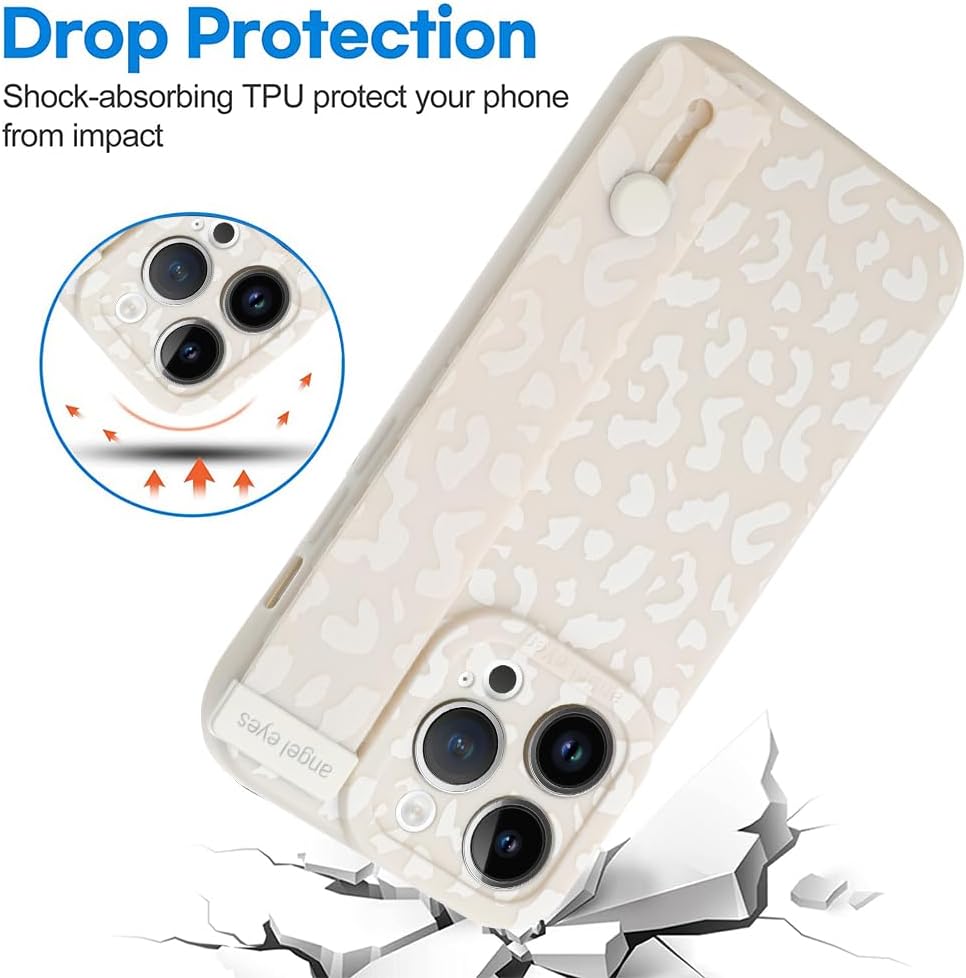 OOK Funda compatible con iPhone 14 Pro con estampado de leopardo con correa para la muñeca, funda de protección de poliuretano termoplástico de