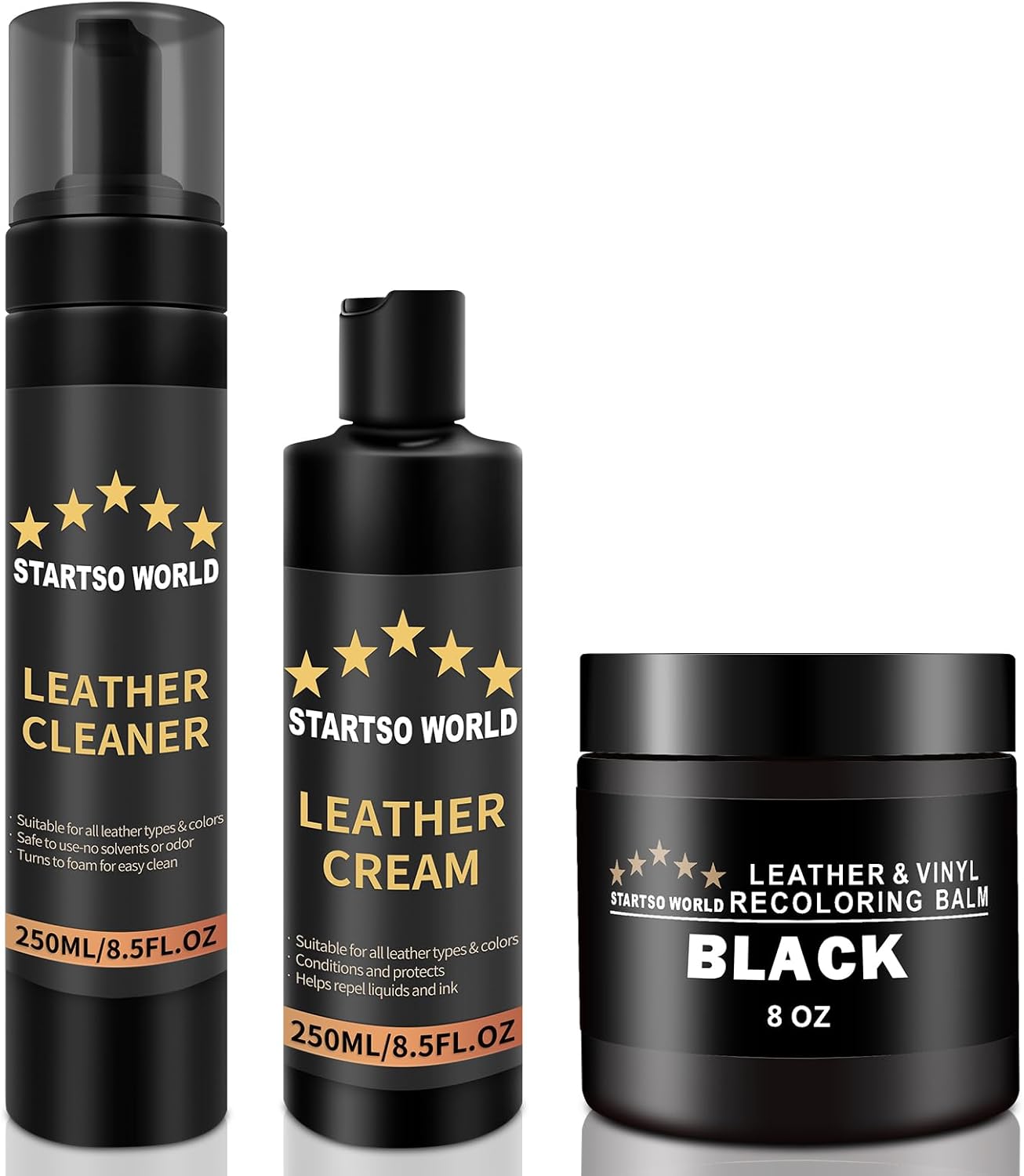 Kit de restauración de cuero  Incluye bálsamo para colorear cuero, limpiador de cuero, crema protectora, esponja y paño  Restaura y reparaciones