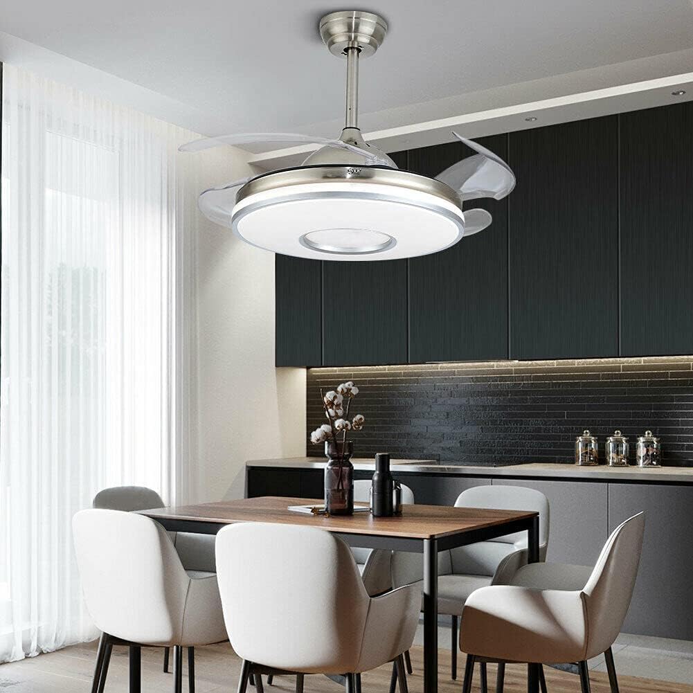 Ventilador de techo retráctil moderno plateado de 42 pulgadas con luz, luz LED retráctil de lujo de 36 W, ventilador de 3 colores y 3 velocidades