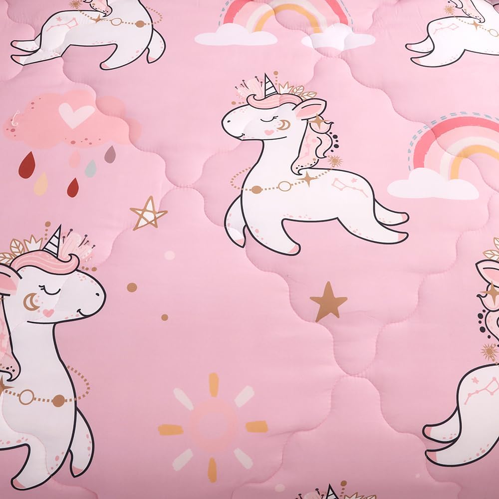 Wajade Juego de edredón de unicornio rosa para niños, cama en una bolsa, tamaño individual, 7 piezas, bonito juego de ropa de cama de unicornio y