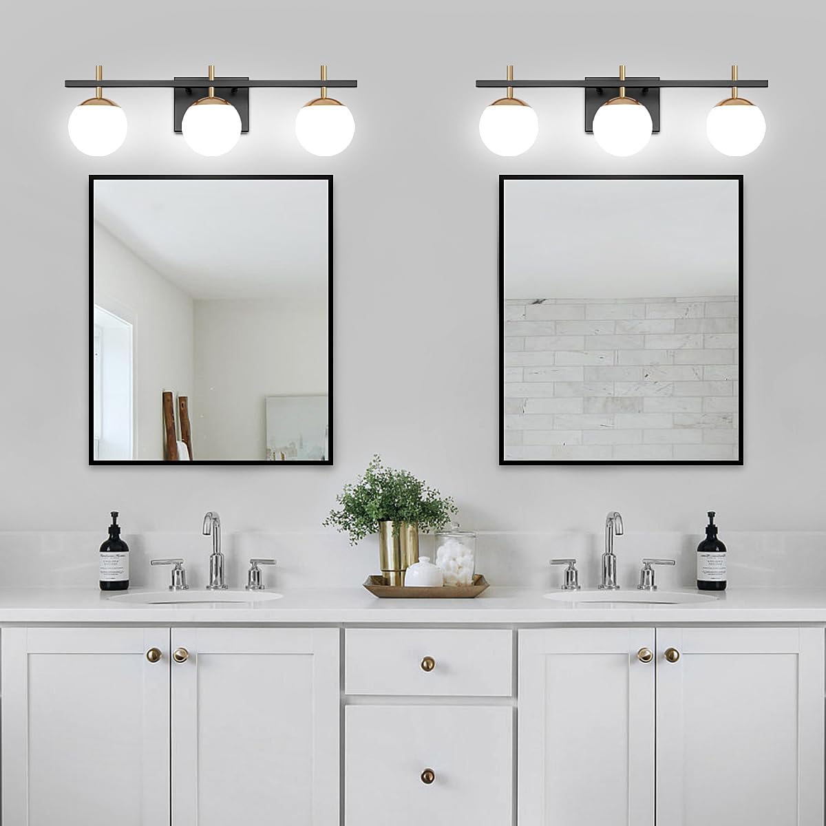 Lámpara de baño de oro negro, 3 luces de mediados de siglo moderna sobre espejo, lámpara de tocador de baño con vidrio lechoso, lámpara de pared
