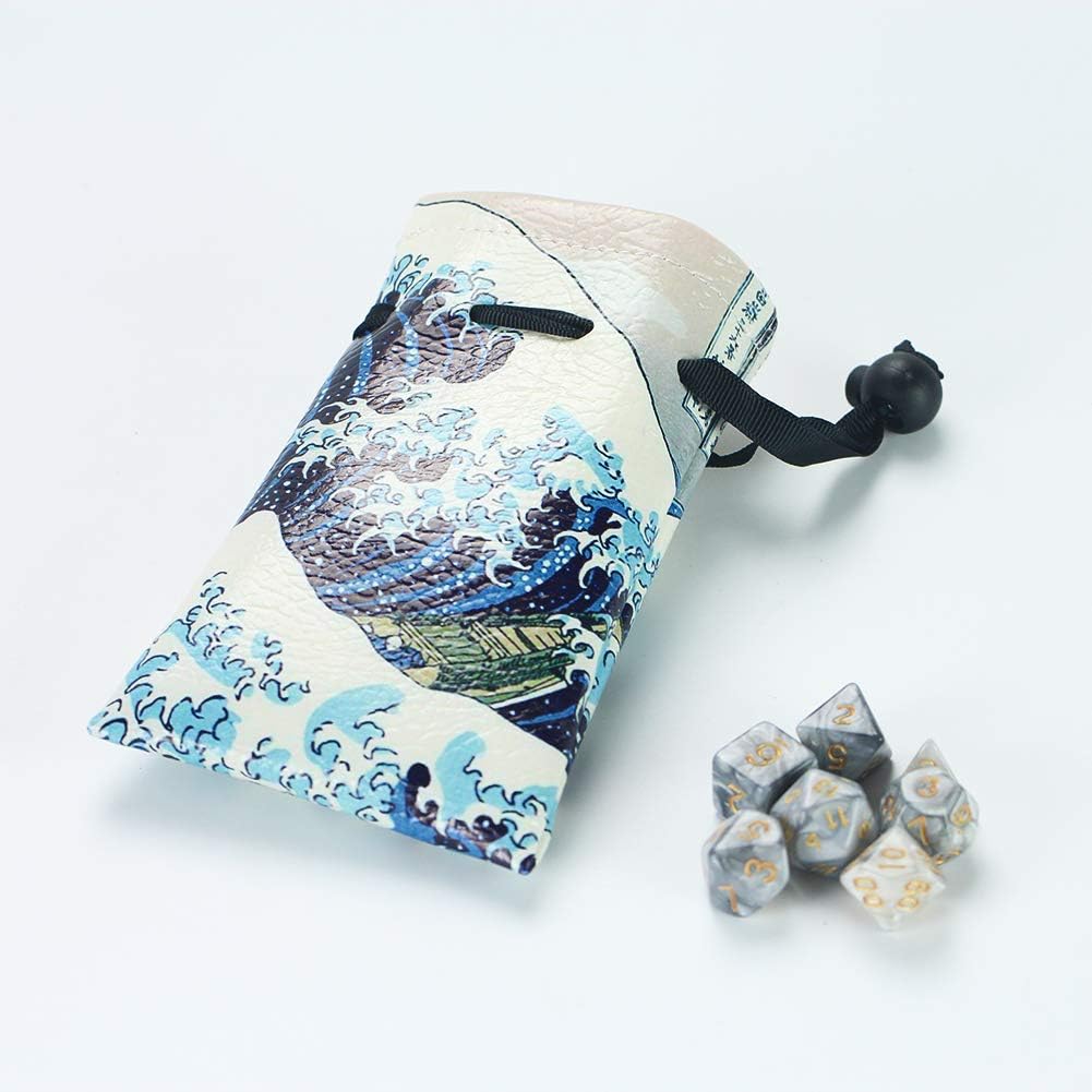 QIELIZI DND Bolsa para dados, PU Cuero funda para dados de dragón, con set de 7 dados, perfecto para calabozos y dragones RPG D&D dados, monedas y