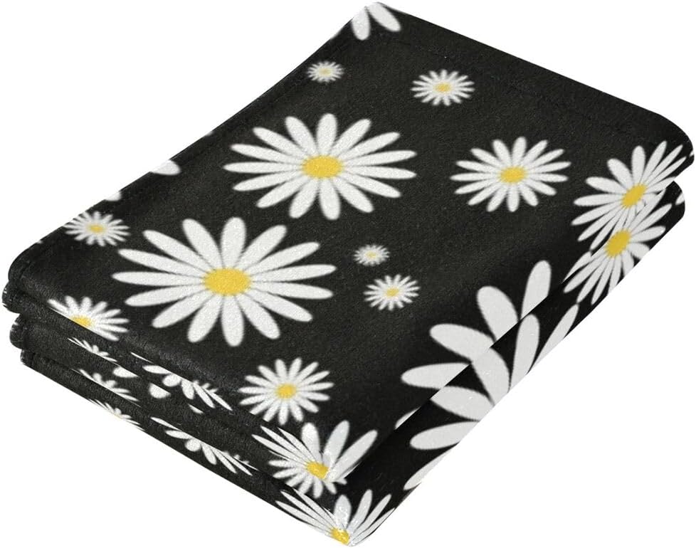 Juego de 2 toallas de mano de flores de margaritas para baño, lindo fondo negro, estampado floral, suave, pequeño, juego de toallas de baño