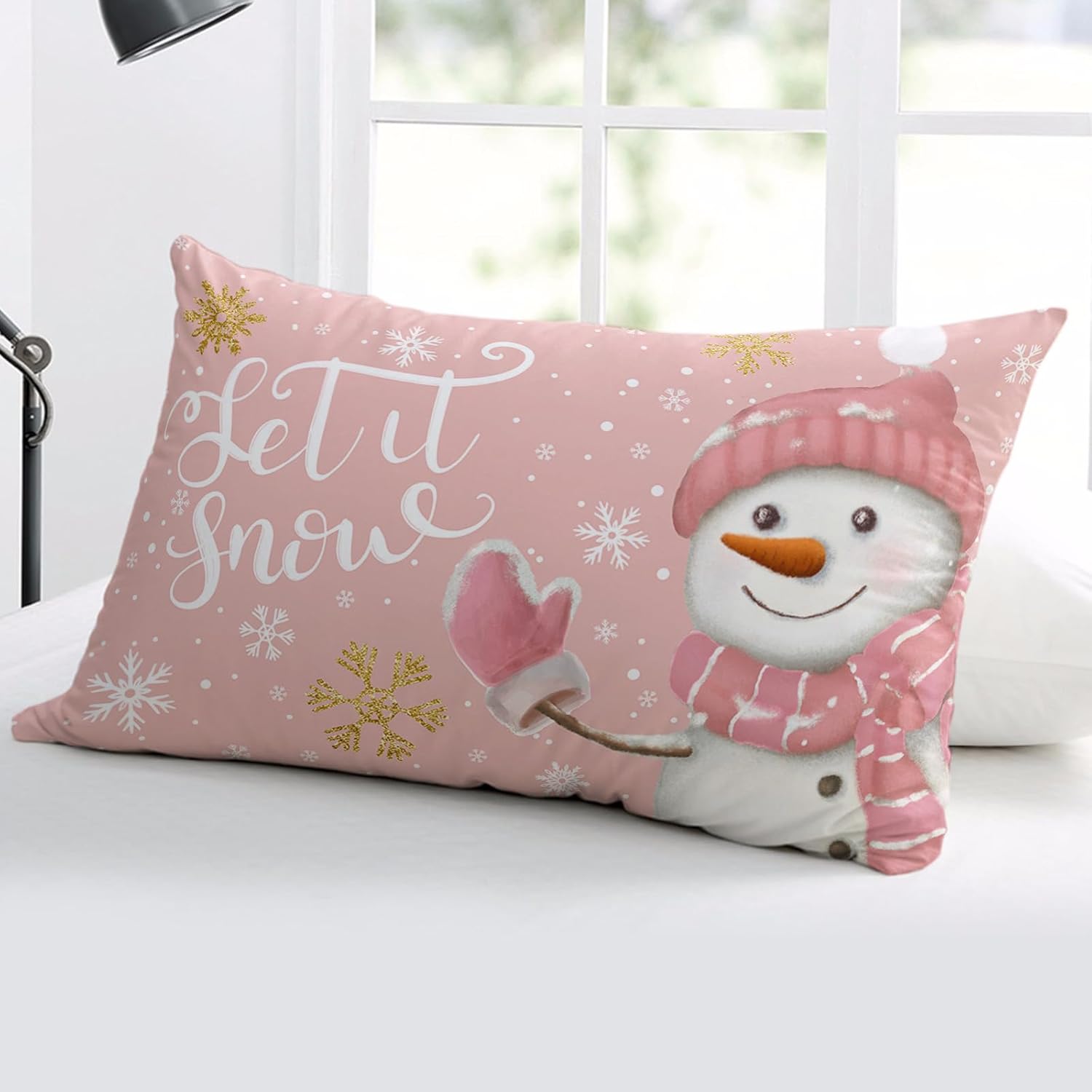 Fundas de almohada de Navidad de muñeco de nieve rosa de 16 x 24 pulgadas, fundas de almohada rectangulares de invierno con copos de nieve de