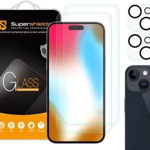 Supershieldz (2 unidades) Diseñado para iPhone 15 Plus (6.7 pulgadas) + protector de pantalla de vidrio templado para lente de cámara, antiarañazos, Supershieldz (2 unidades) Diseñado para iPhone 15 Plus (6.7 pulgadas) + protector de pantalla de vidrio templado para lente de cámara, antiarañazos,