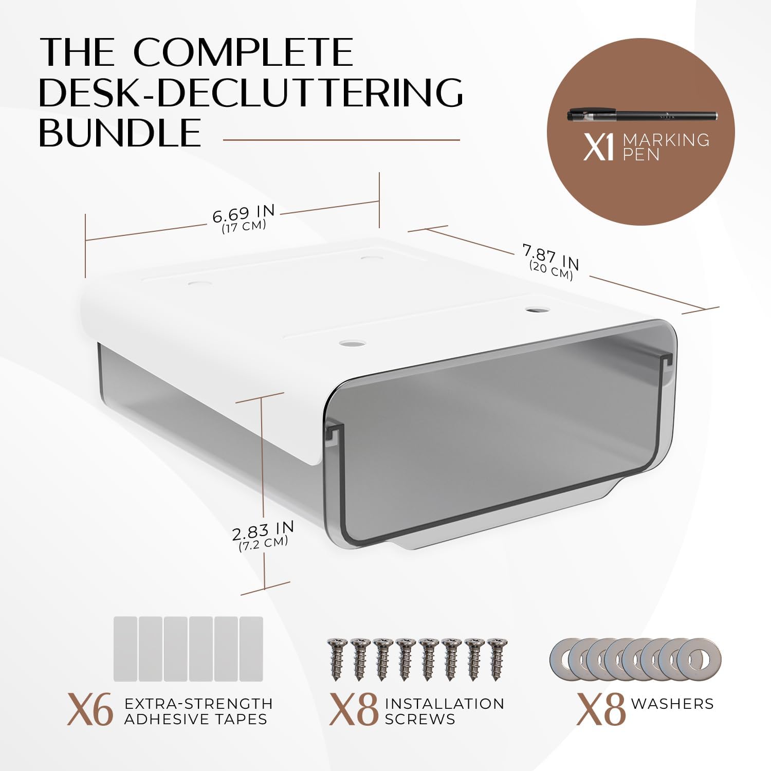 Sleek Stash Paquete de 2 organizadores de cajones para debajo del escritorio, deslizables, accesorio adhesivo para cajón de escritorio con bolígrafo