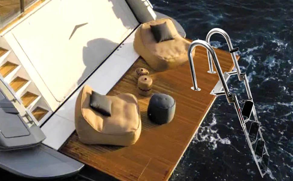 Escalera telescópica para barco de 4 escalones, con barandillas de mano y escalones extra anchos