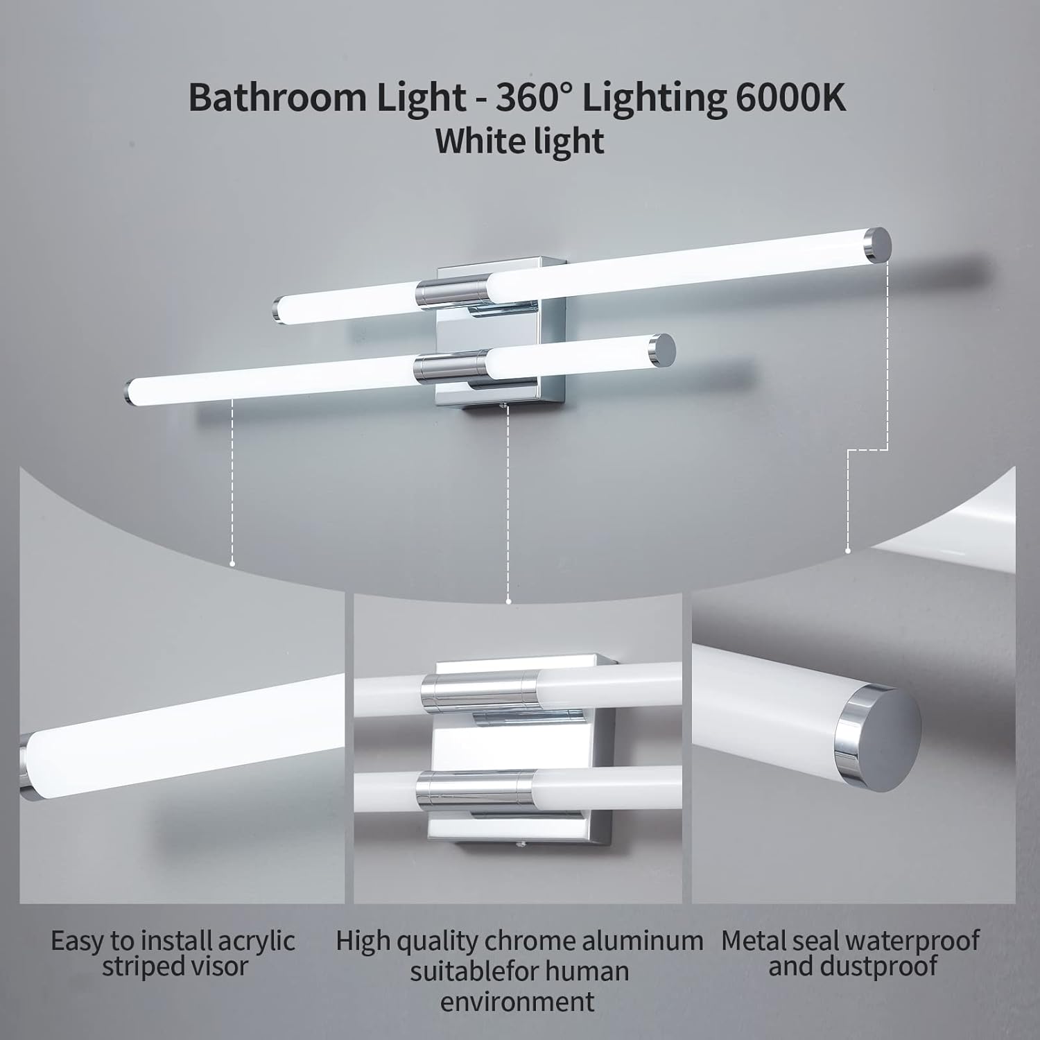 Moderna lámpara LED para tocador de baño, 6000 K, 32.88 pulgadas, cromada, para colocar sobre el espejo, lámpara de tocador de pared, moderna