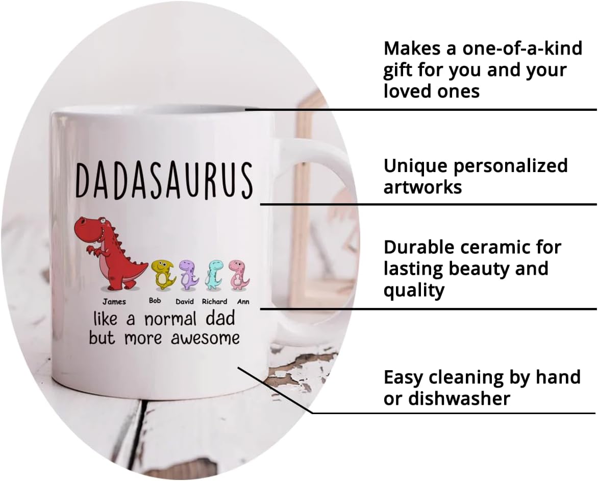 Gossby Taza personalizada DADASAURUS (4 niños)  Divertida taza de café para papá de parte de hija, hijo con avatares de dinosaurios, nombres, regalo