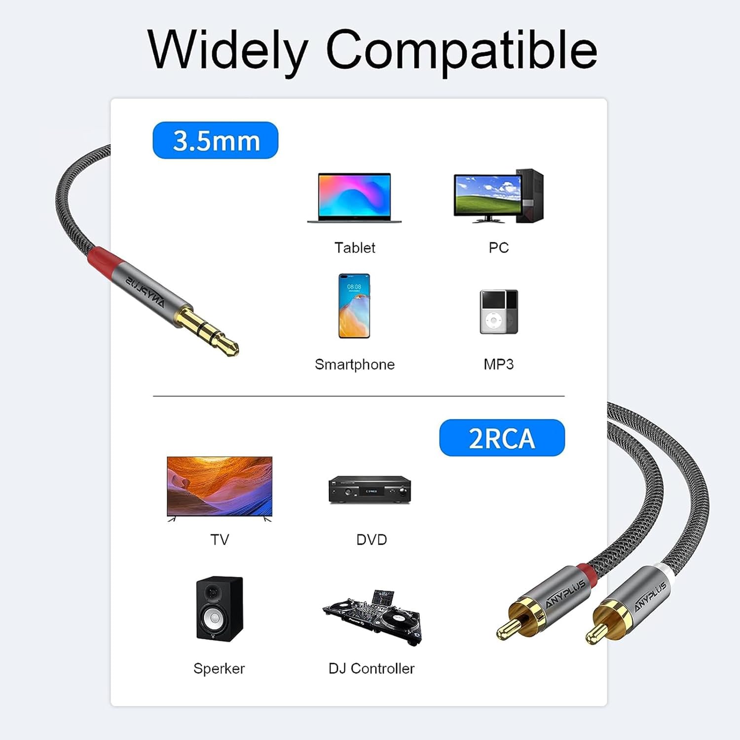 ANYPLUS 2RCA a 0.138 in, 1M 18 a RCA 2-Macho Cable trenzado de alambre de pescado Cable auxiliar RCA para Smartphone, tableta, HDTV o altavoz