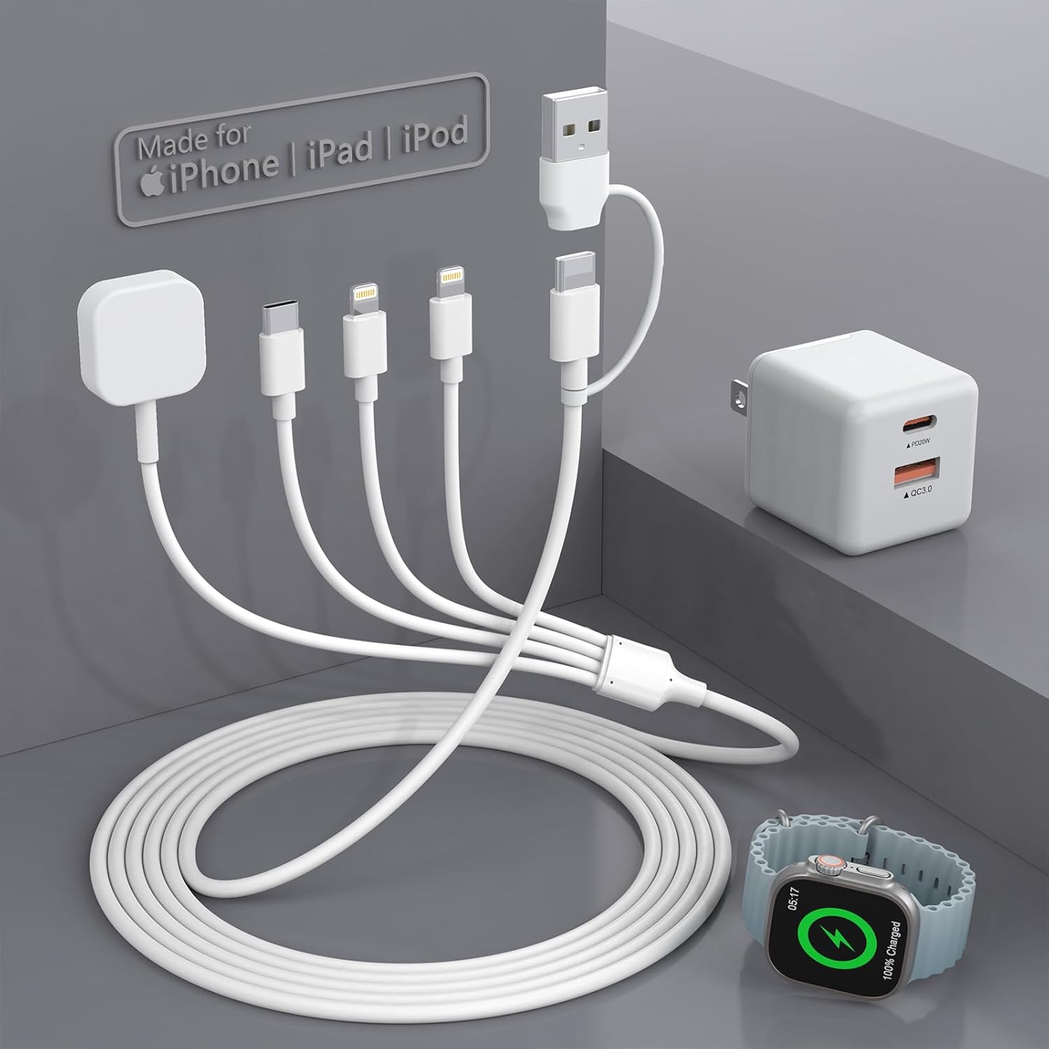 Cargador USB C para Apple Watch 2024 con enchufe de pared rápido PD de 30 W para Apple WatchiPhone 15141312ProMax, cable de cargador inalámbrico 4