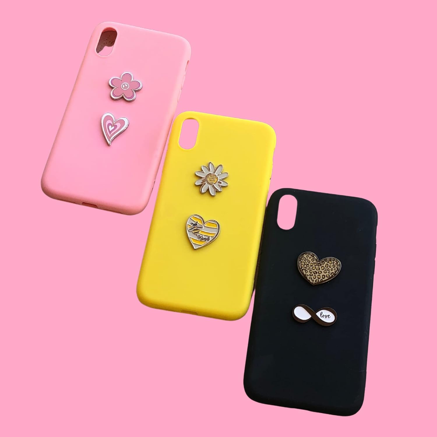 Pegatinas de metal para fundas de teléfonos celulares. Corazón amarillo y flor blanca. Juego de 2 hojas reutilizables y extraíbles sin residuos. Bee