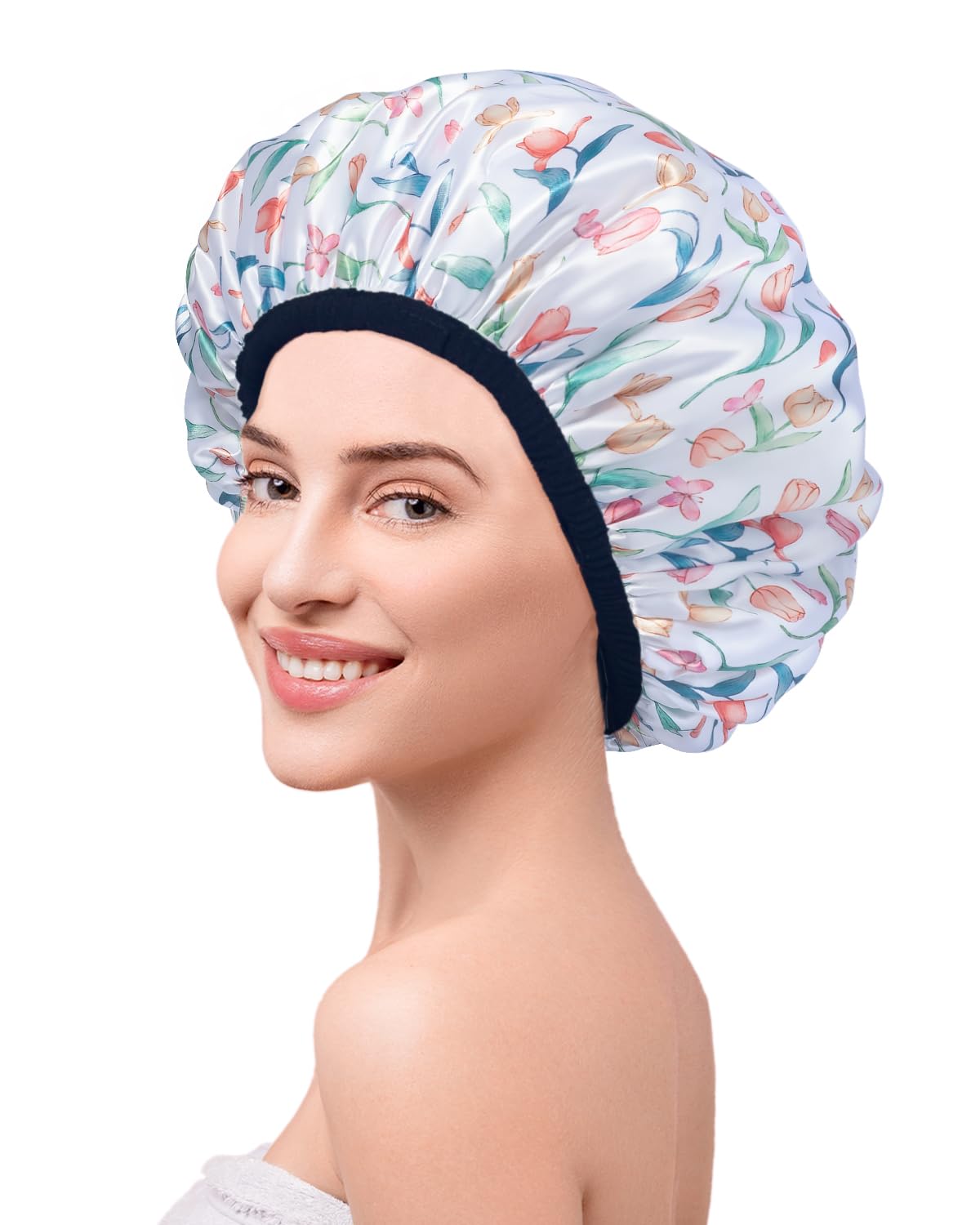 Aquior Gorro de ducha con forro de rizo para mujer, gorro de ducha reutilizable, triple capa impermeable, extra grande para mujeres de pelo largo