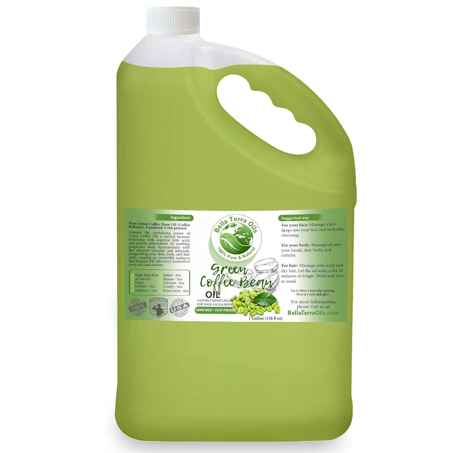 Bella Terra Oils Aceite de grano de café verde  1 galón, para cabello y piel, rico en antioxidantes, nutritivo, de rápida absorción, no graso