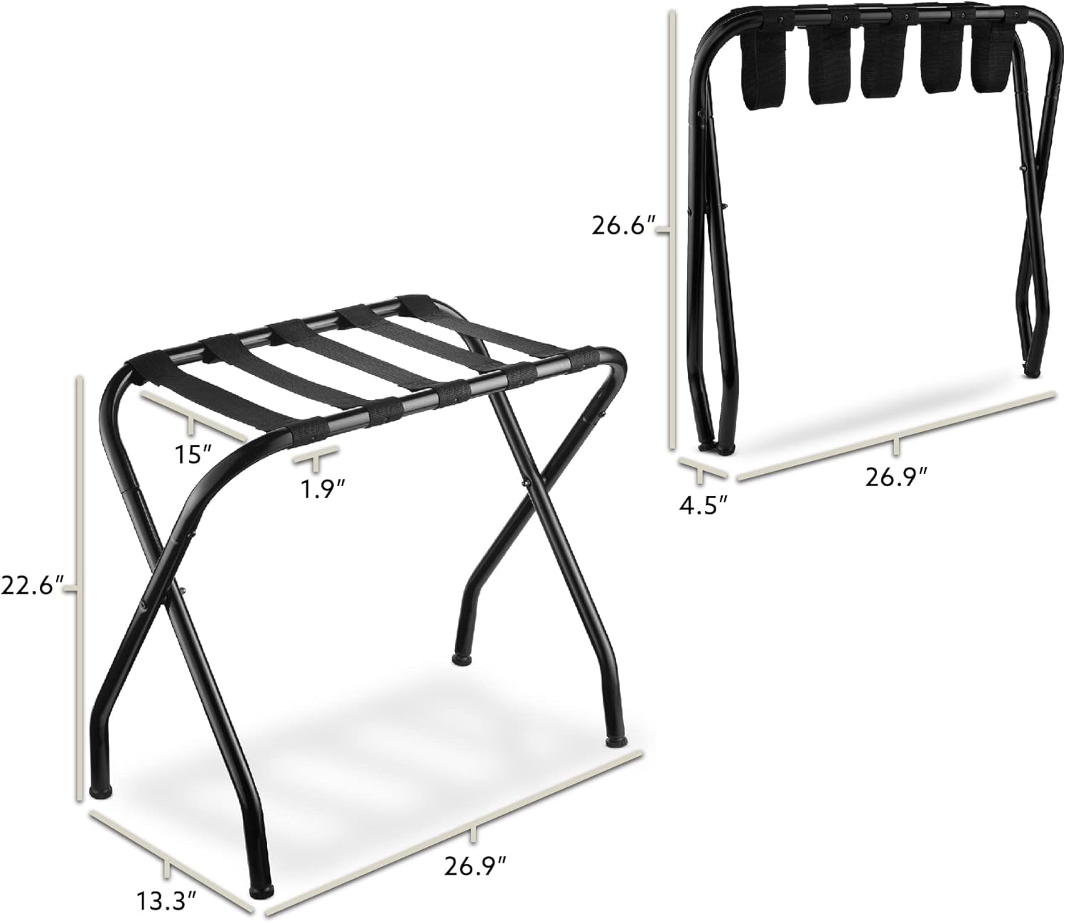 Bartnelli Paquete de 2 portaequipajes plegables de metal con correas de nailon negras duraderas, para dormitorio, habitación de invitados u hotel