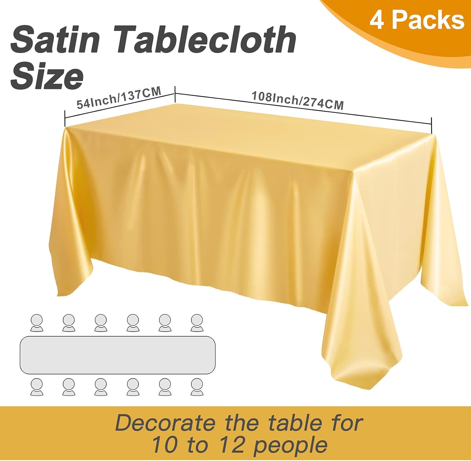 SiinvdaBZX Paquete de 4 manteles de satén dorado de 108 x 54 pulgadas, manteles de comedor suaves y brillantes para mesa rectangular de 6 pies,