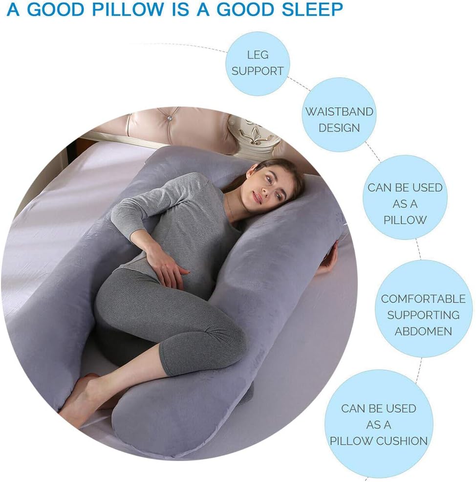 Almohada de embarazo de 51 pulgadas, almohada de cuerpo completo en forma de U de tamaño pequeño con funda de almohada de terciopelo lavable,
