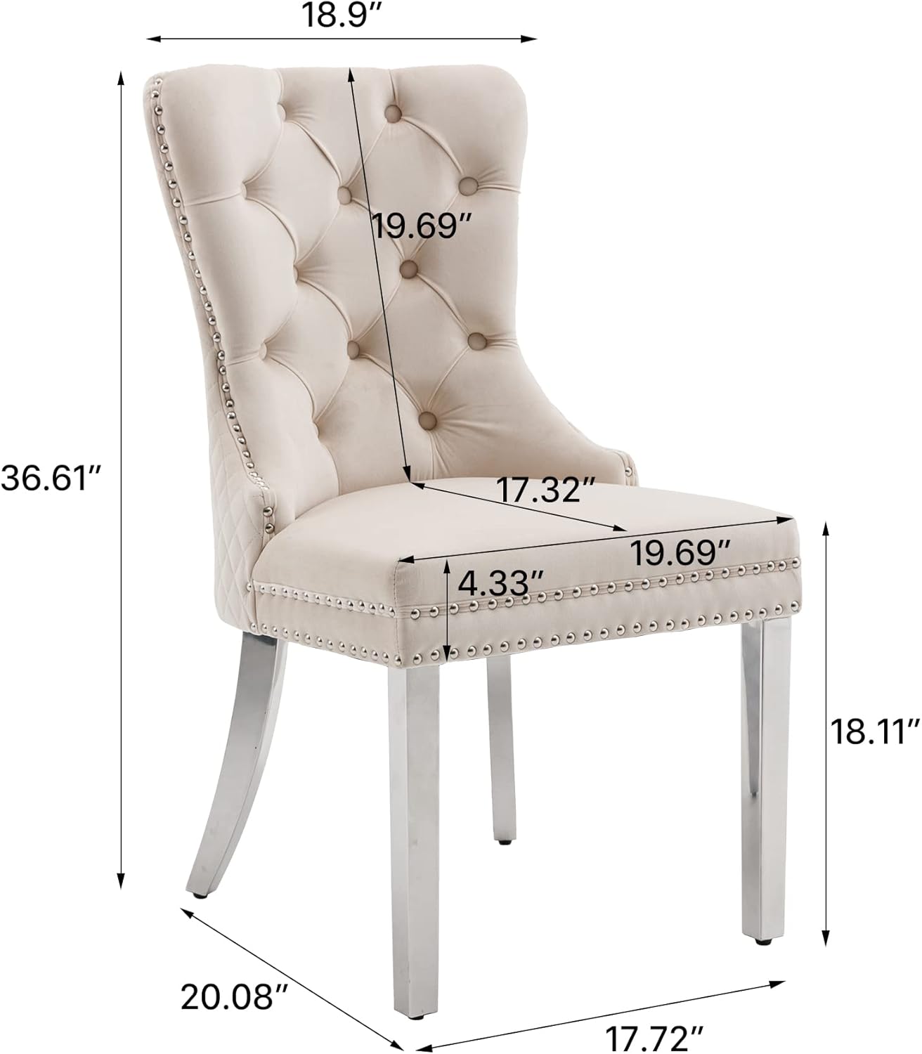 KCC Juego de 2 sillas de comedor tapizadas de terciopelo, modernas sillas capitoné con botones con anillo de cabeza de león y patas de acero