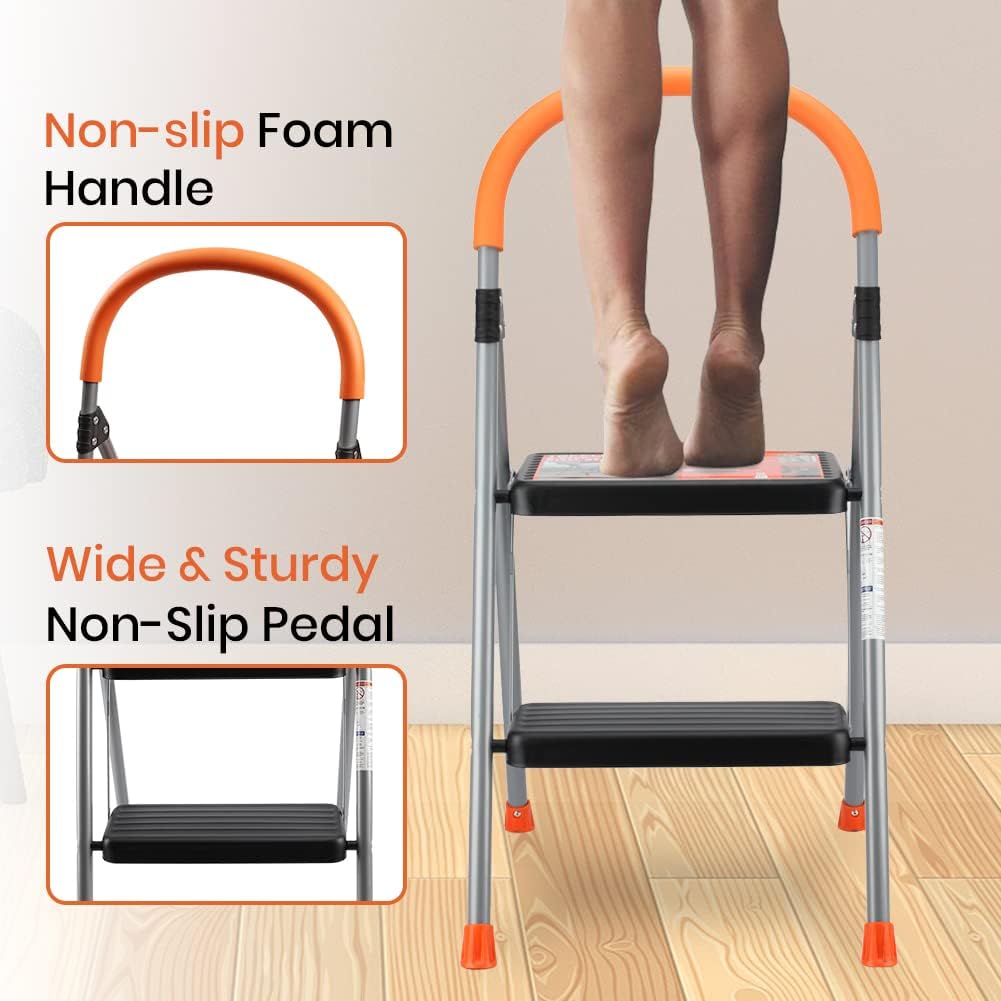 Escalera de 2 escalones, taburete plegable de metal para adultos, escalera plegable de acero portátil para servicio pesado, pedal ancho