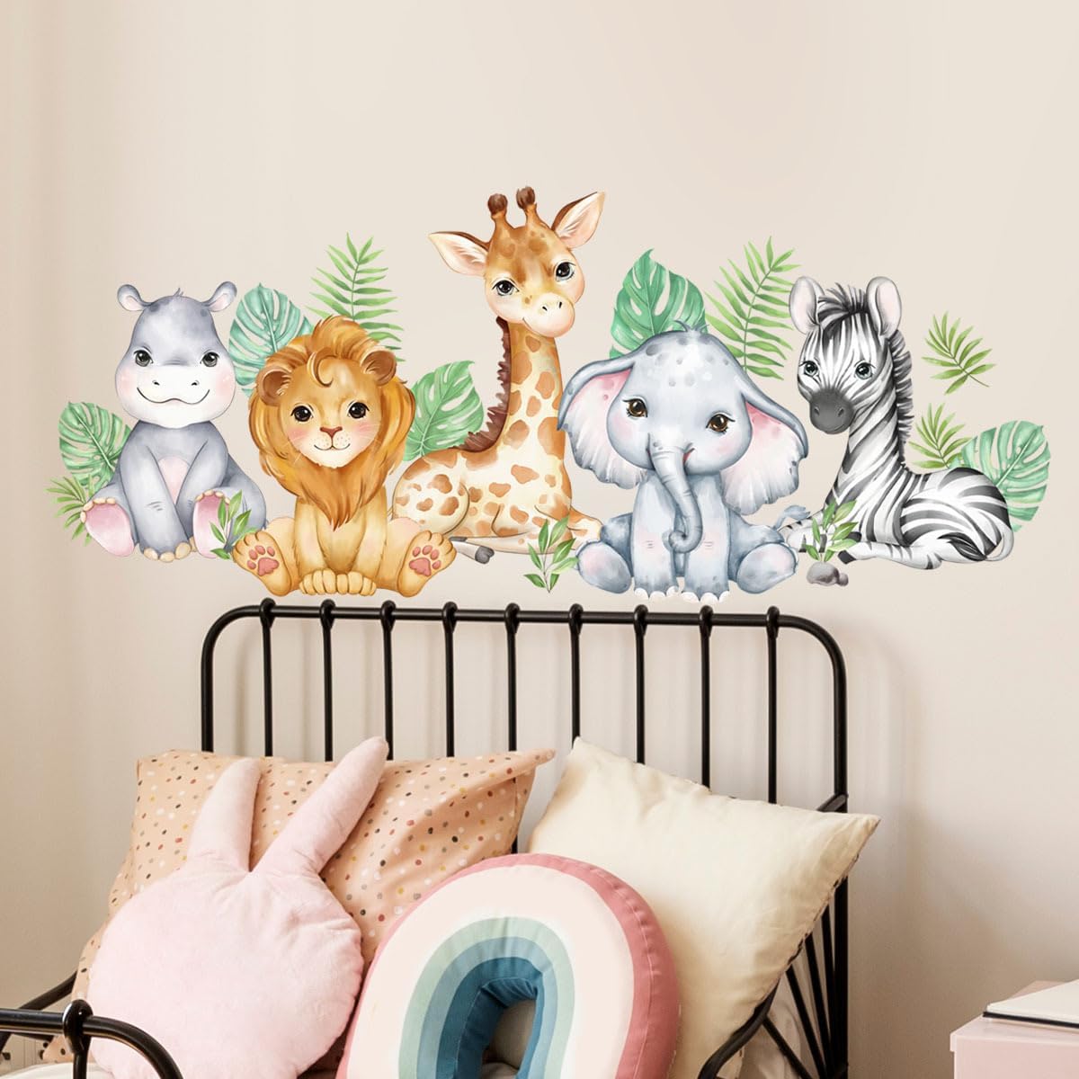 Adhesivo de pared con diseño de animales del bosque, acuarela, selva, elefante, león, cebra, jirafa, bebé, cuarto de niños, sala de juegos,