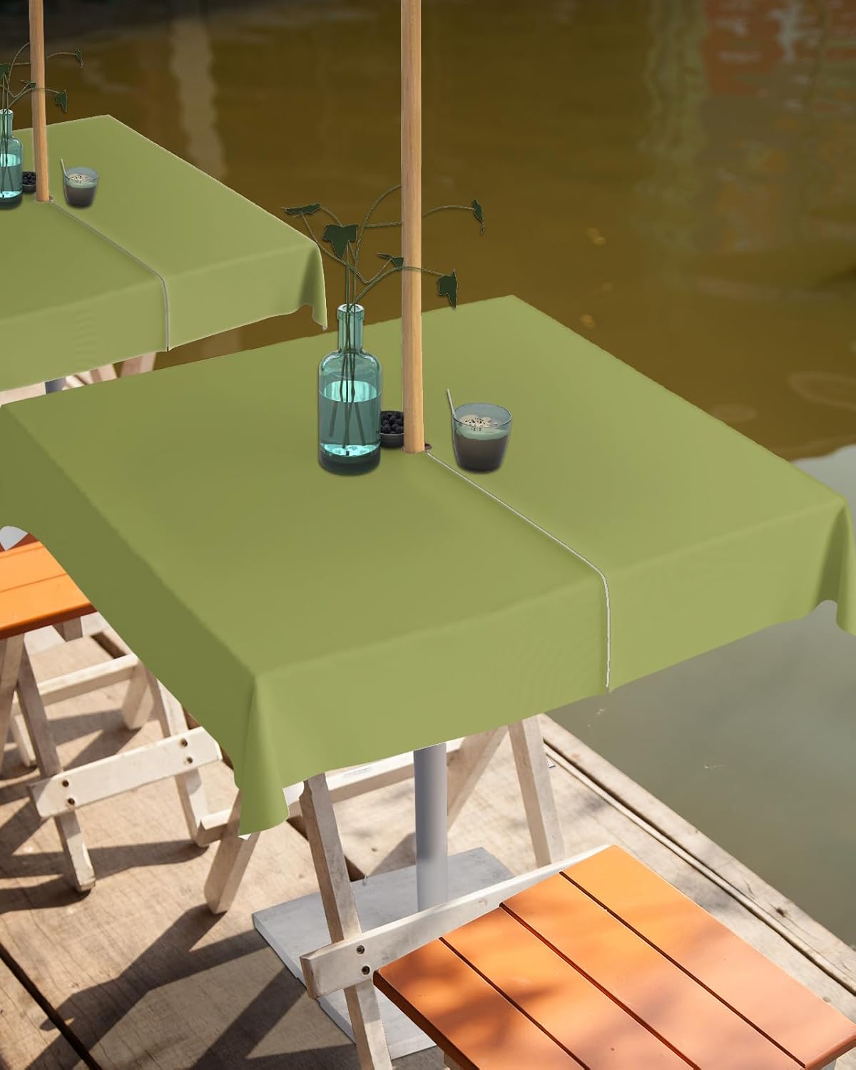 Mantel de exterior verde oliva con agujero para sombrilla y cremallera, mantel de color sólido para mesas cuadradas, colección de mesa impermeable