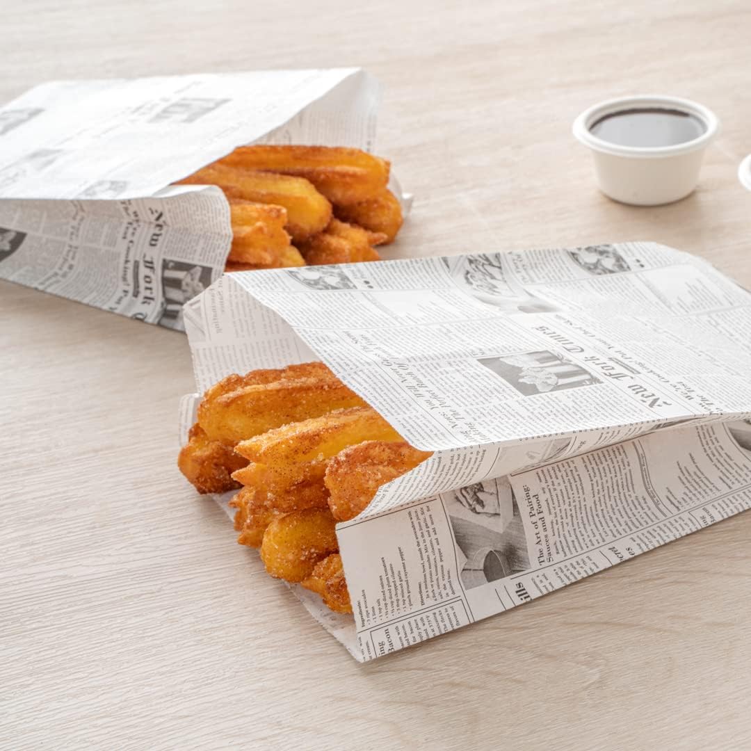 Restaurantware Bag Tek Newsprint Paper French FrySnack Bag – 5″ x 3″ x 8 34″ – Caja de 100 unidades