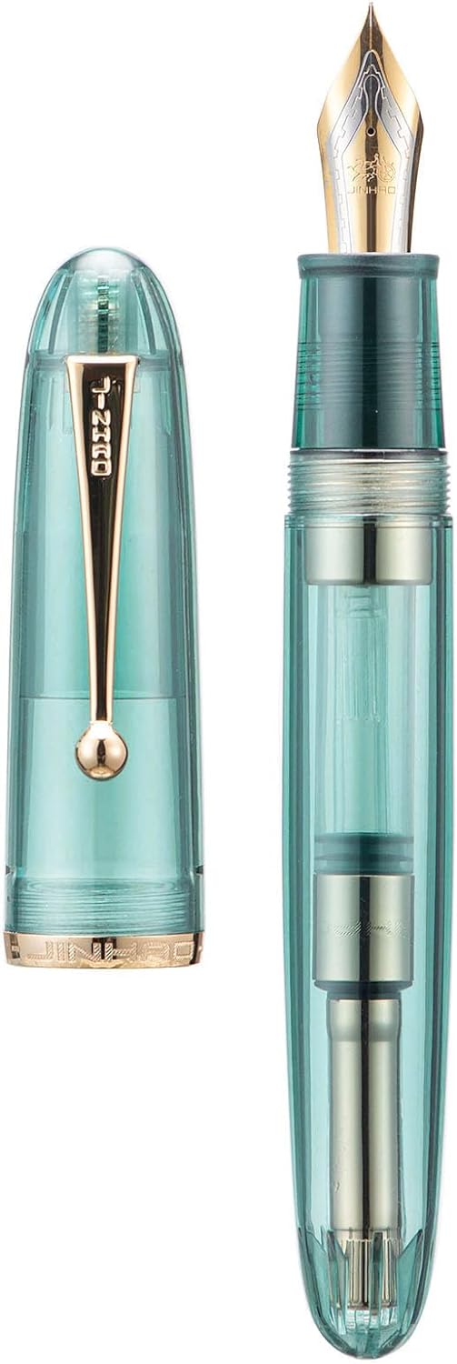 Jinhao 9019 Pluma estilográfica Dadao Series Transparente Azul Oro Trim #8 Punta Fina Convertidor Grande Instrumento de Escritura Suave
