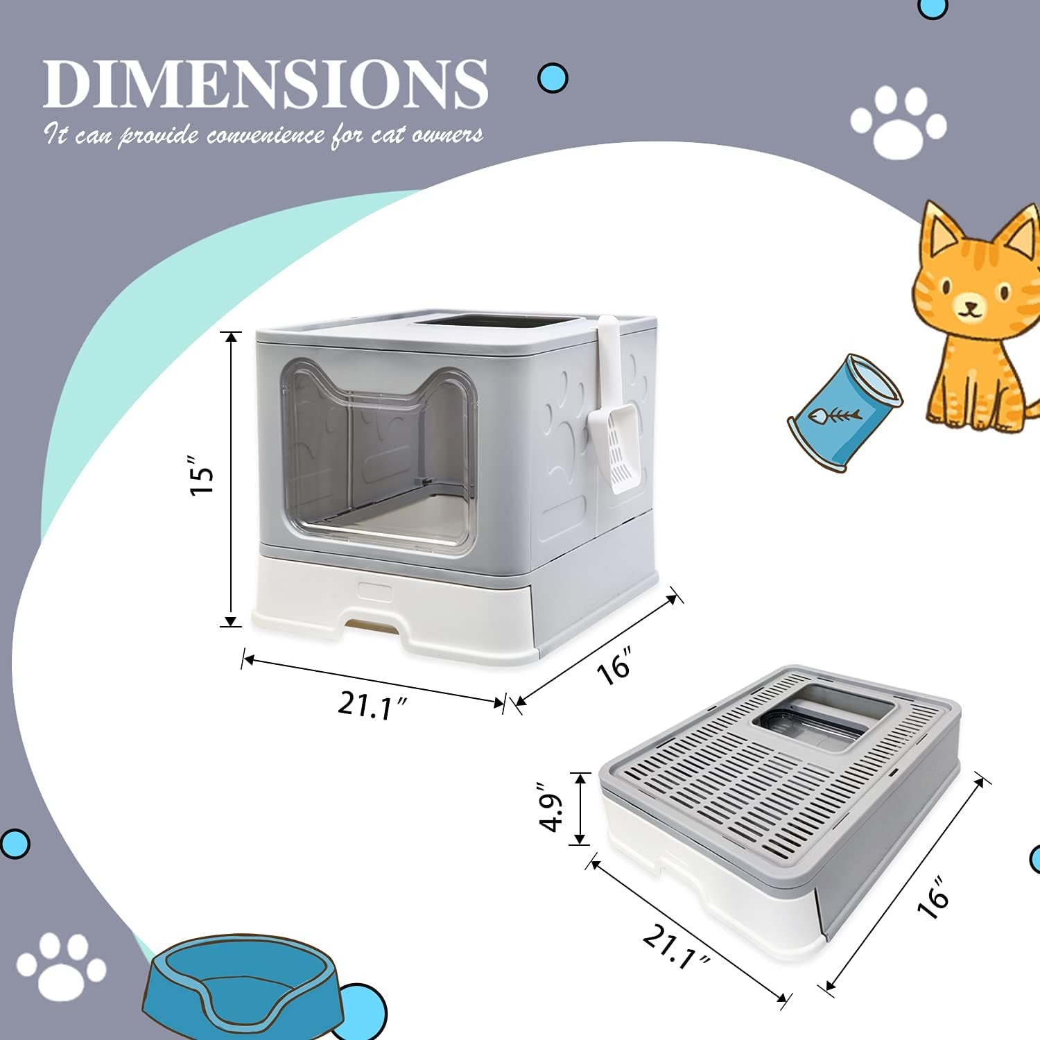 Naivees Caja de arena grande para gatos plegable con tapa de entrada superior, sin olor, fácil de limpiar con pala