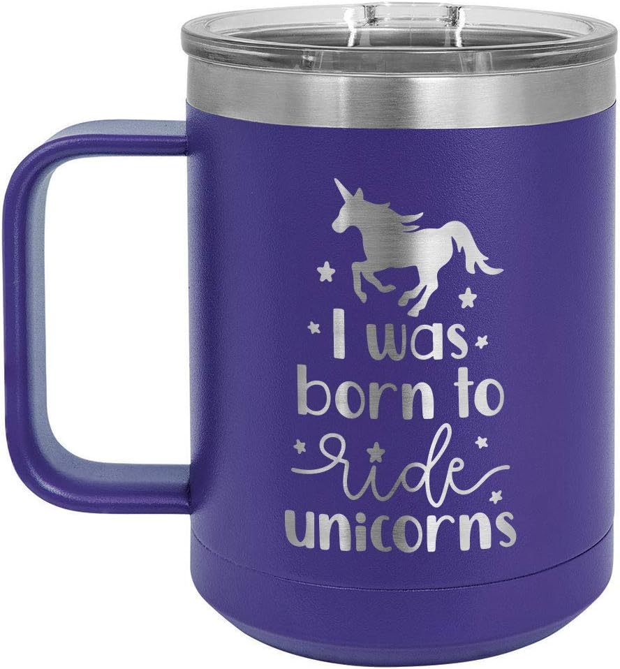 ONLYGIFTS.COM – Taza de café con tapa deslizante, diseño con texto en inglés “I Was Born to Ride UNICORNS”, de 1.3fl oz, ideal como regalo de