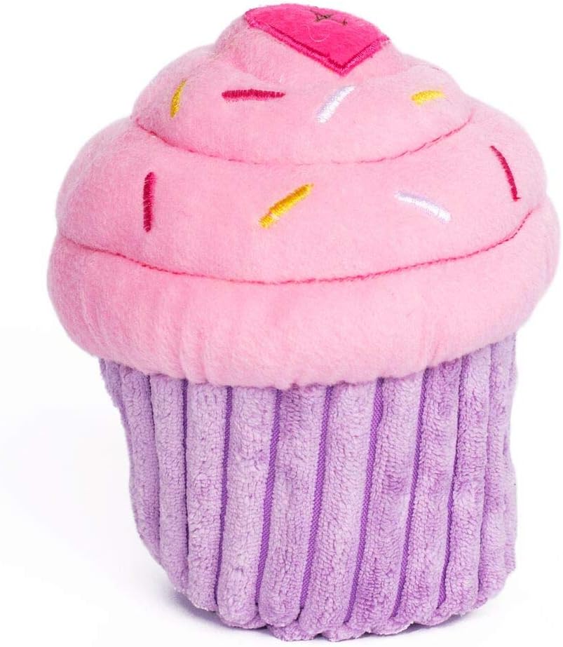 ZippyPaws Regalos de cumpleaños para perros, cupcake de cumpleaños rosa, juguete chirriante de felpa para perros, suministros de fiesta de