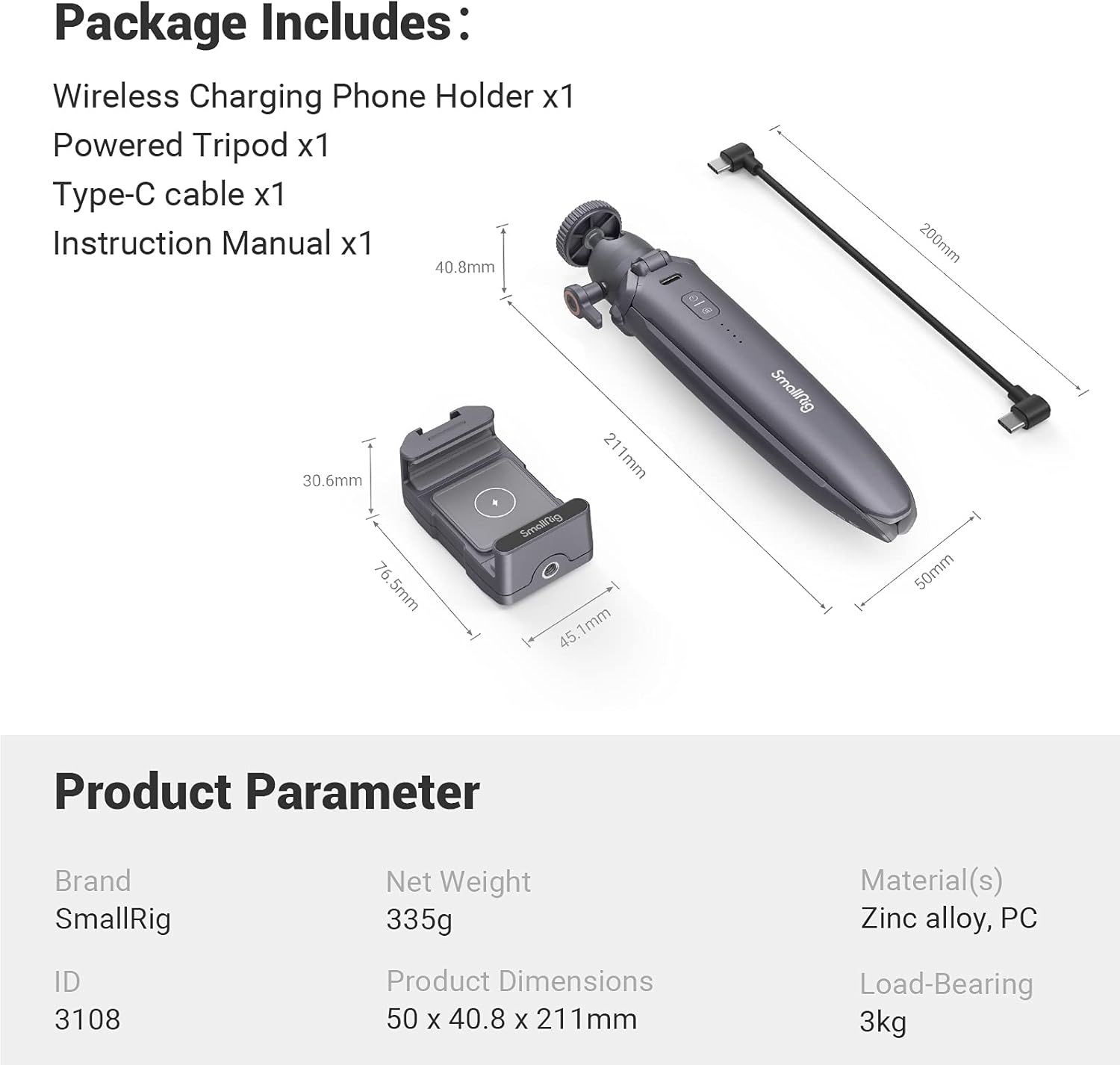 SmallRig Mini trípode de escritorio para teléfono con carga inalámbrica y soporte para teléfono inteligente, zapata fría, mini trípode de mesa de