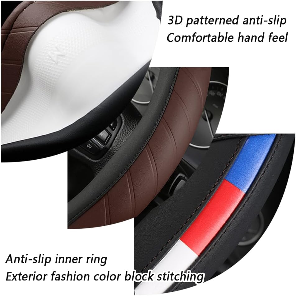 Funda para volante de automóvil, funda de cuero sintético con diseño de retazos de color fresco, antideslizante y transpirable para la mayoría de