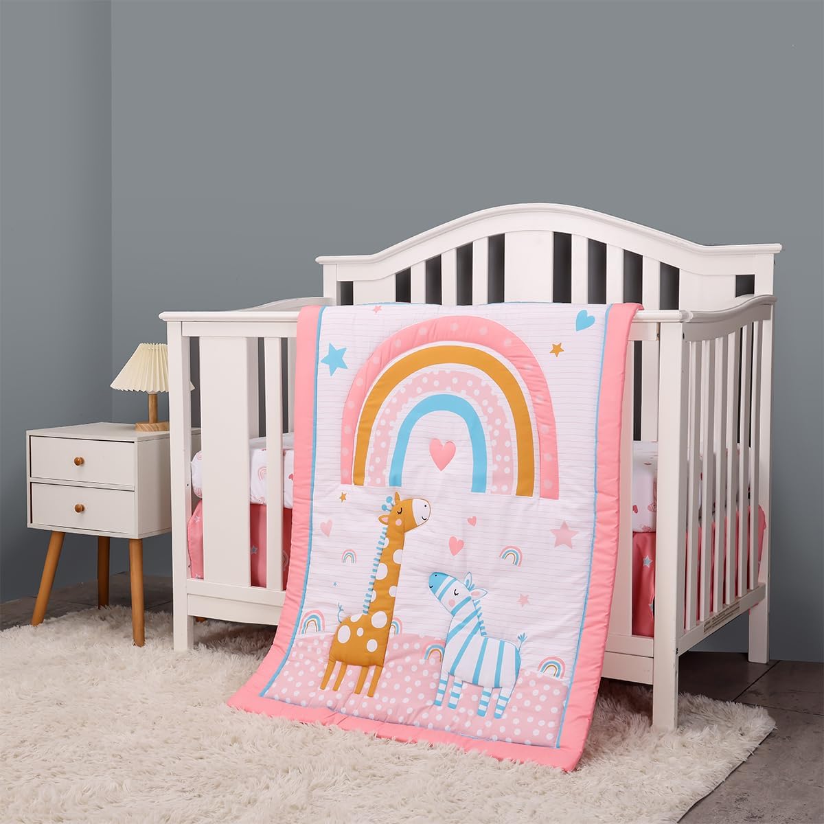 Juego de ropa de cama para cuna para niñas, 4 piezas, bohemio, arco iris, rosa, juego de ropa de cama para guardería con edredón de bebé, sábana