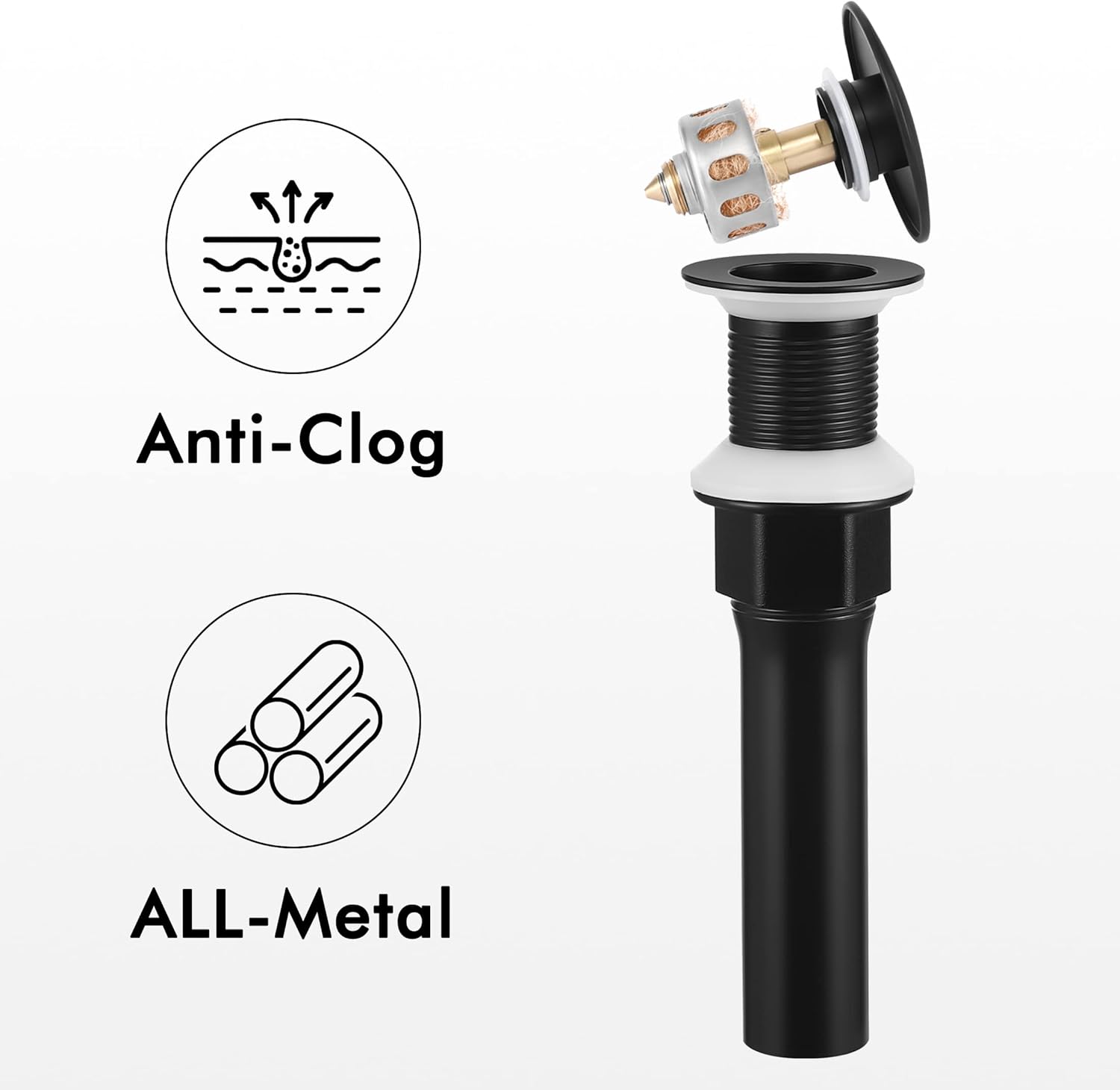 KES Black Bathroom Faucet & Bathroom Sink Drain Without Overflow, Single Handle Type Faucet with Pop Up Drain Stopper Stainless Steel Matte Black,