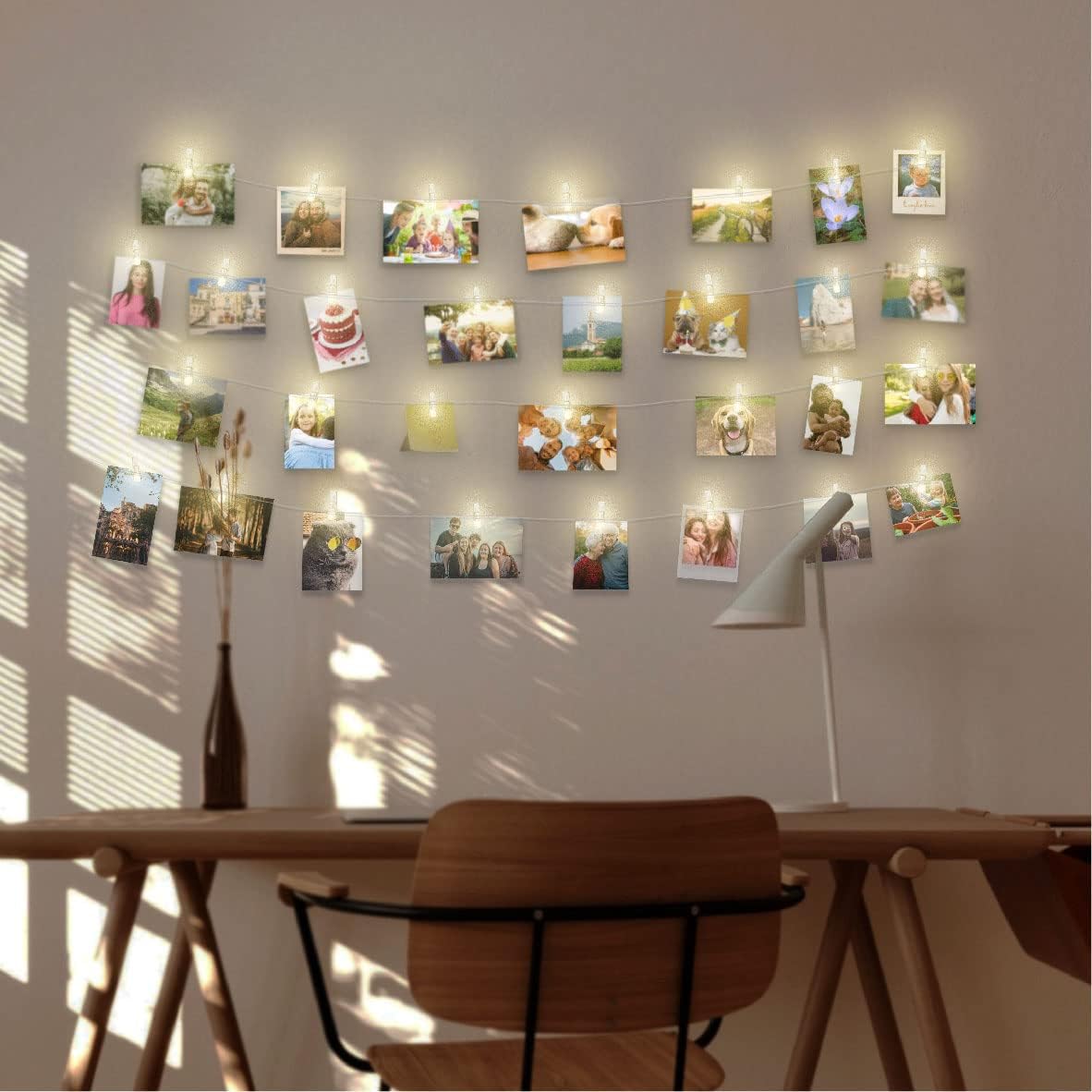 Cadena de luces con clip para fotos (16.4 ft, 50 LED, 30 clavijas), funciona con pilas, luz de hadas colgante para dormitorio