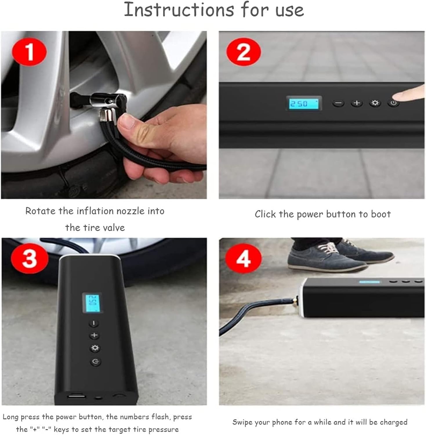 CAFFIA Tire Inflator Portable Air Compressor, Wireless Rechargeable Air Pump for Car Tires Bicycles with Pressure Gauge Auto Shut Off Cordless