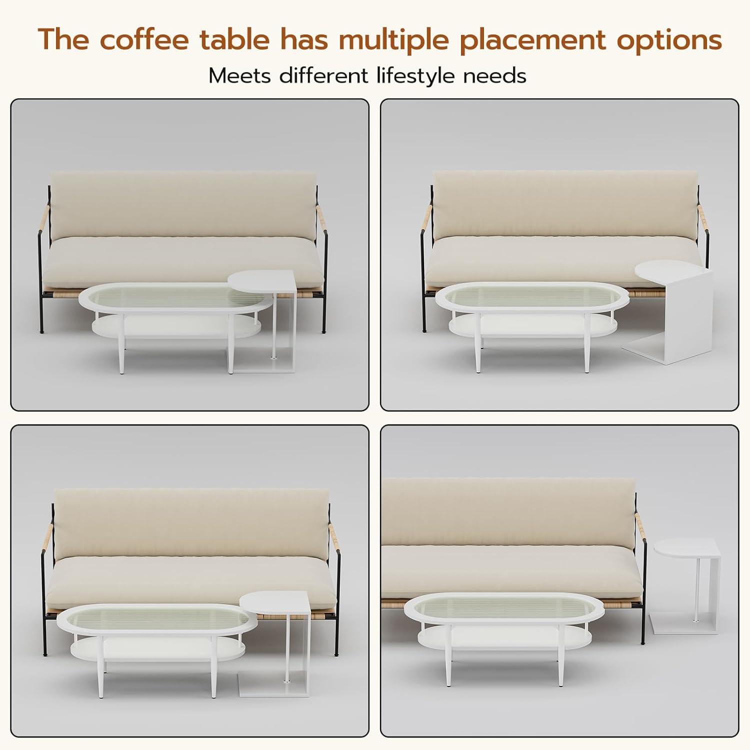 IKIFLY Juego de mesa de centro de cristal, mesa de té de café blanca con mesa de vidrio Changhong y mesa auxiliar para sala de estar comedor