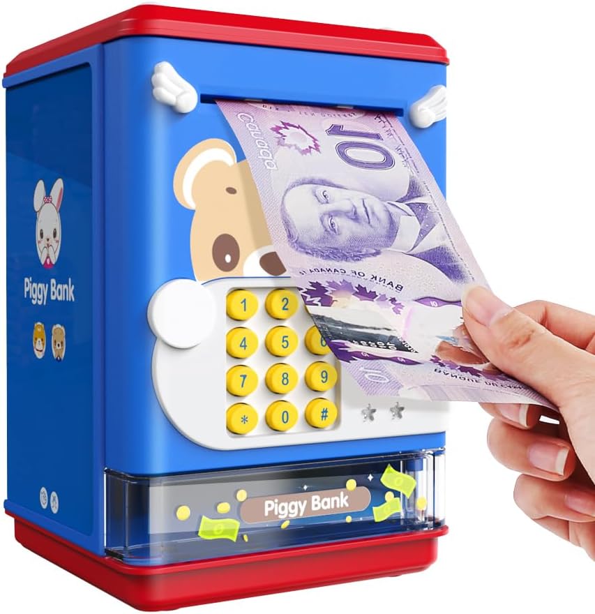 AIQI Hucha de juguete electrónico mini cajero automático con contraseña personal y simulación de desbloqueo de huellas dactilares, caja de música