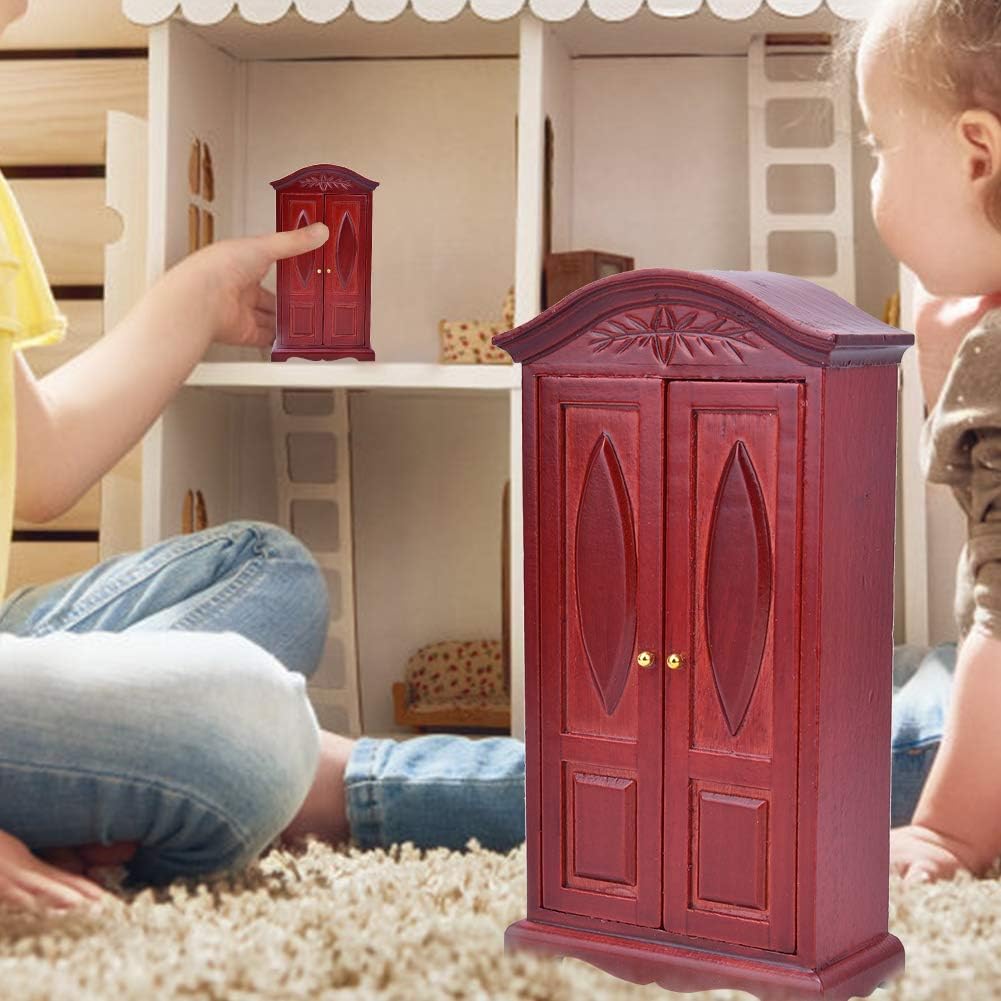 112 Escala Mini Vintage de Madera Doble Puerta Armario Armario Muñecas Casa Accesorio Casa de Muñecas Muebles Vino Rojo Muñeca Accesorios