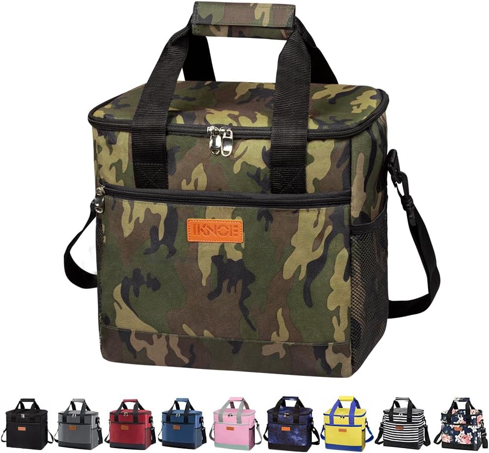 Iknoe Bolsa térmica grande plegable para 24 latas, bolsas aisladas a prueba de fugas con múltiples bolsillos para adultos, lonchera aislada para