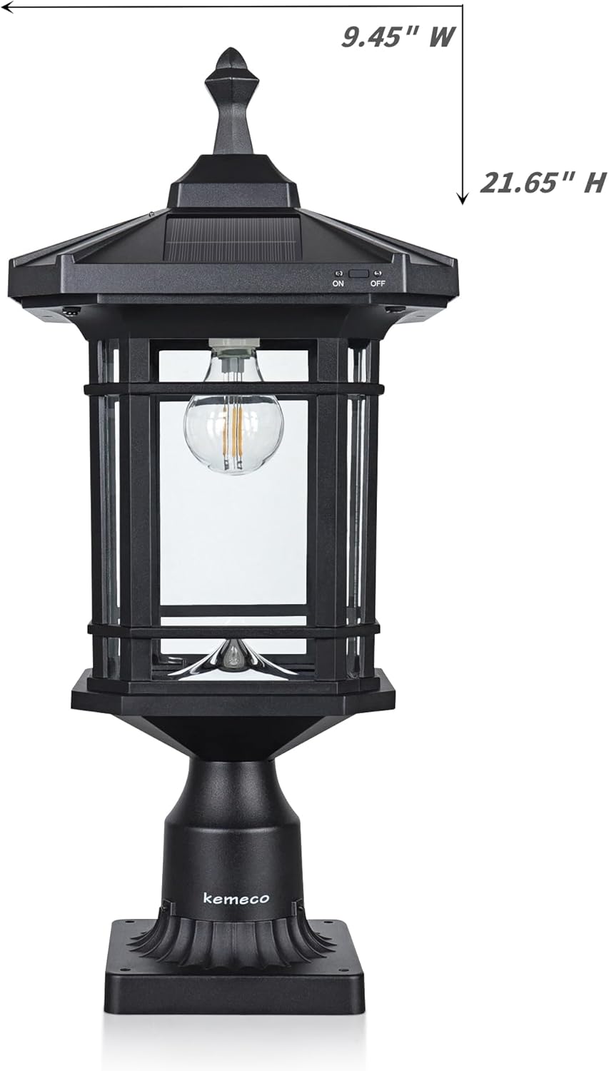Kemeco Luz solar ST4338Q con base de montaje en pirata para exteriores, impermeable, de aluminio fundido negro, brillante, blanco cálido, lámpara