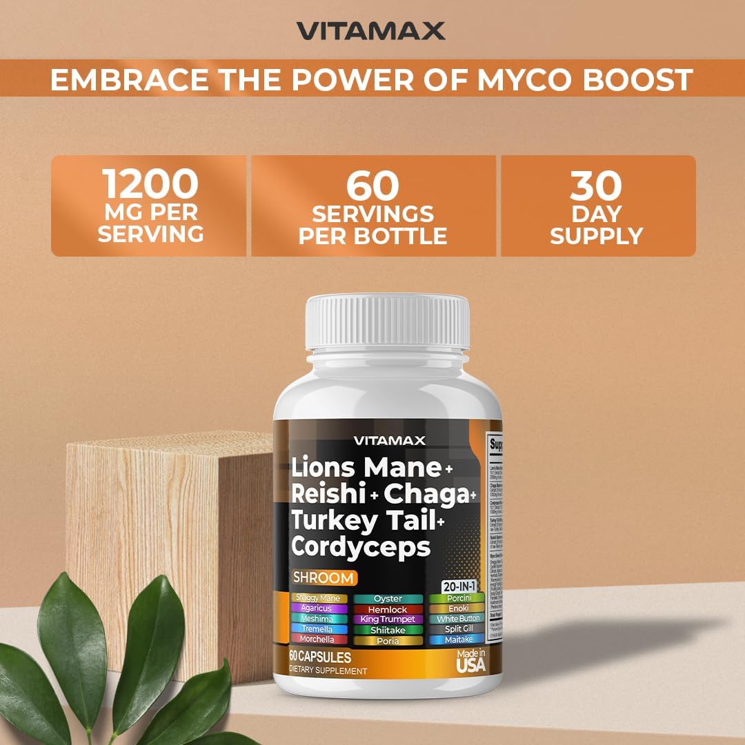 Vitamax Seta de melena de leones, 3000 mg de cola de pavo 2000 mg Chaga y Reishi 1000 mg Cordyceps Shiitake White Elm King Trompeta Nameko Oyster