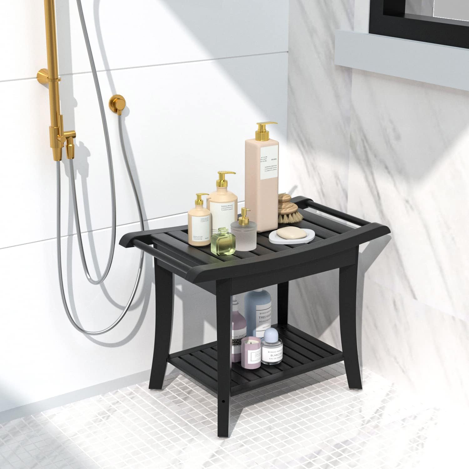 Taburete de ducha de bambú impermeable con estante de almacenamiento para afeitarse las piernas o asiento de baño de spa en el baño y ducha interior