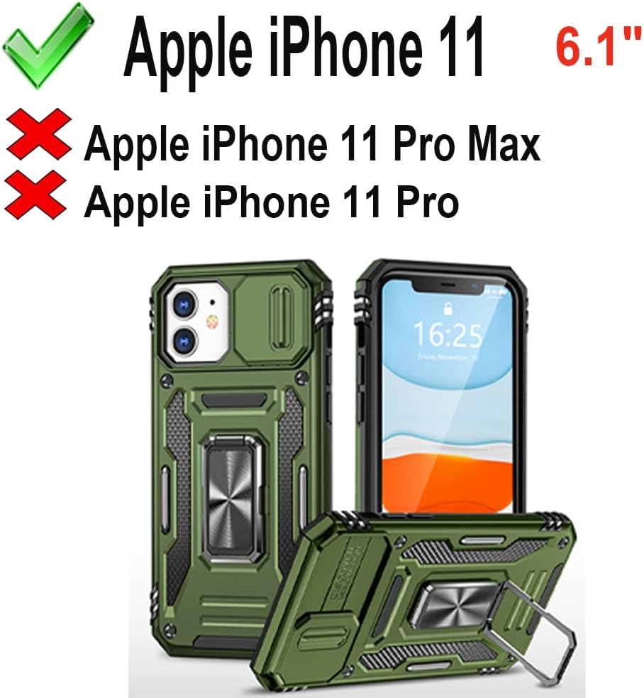 PASNEW Funda para iPhone 11 con protección de lente, rotación de 360, anillo manético, cubierta de cámara militar, cuerpo completo, a prueba de